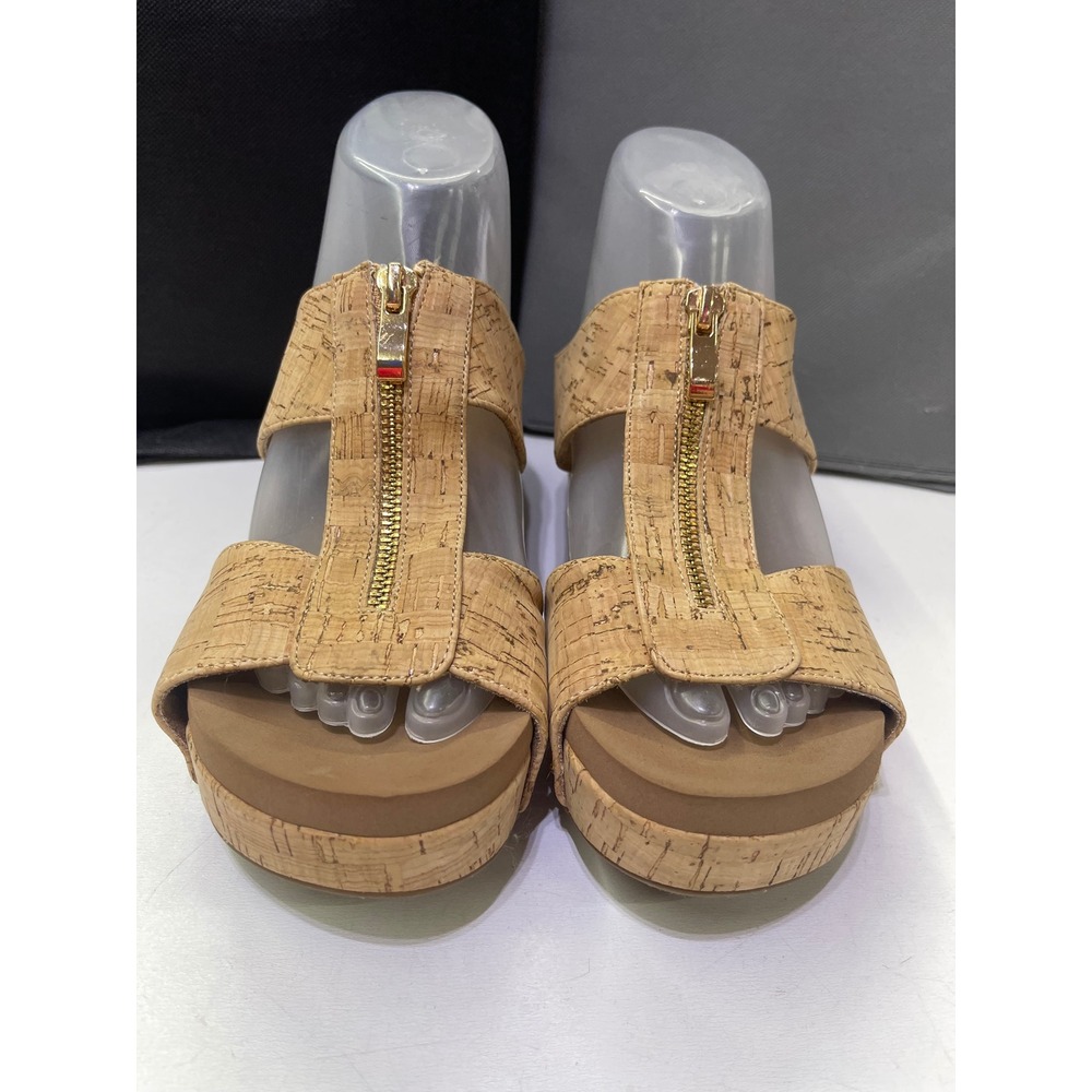 Corkys Footwear Womens Cork Wedge Sandals Gold Zip Studded Slides Tan Size 9